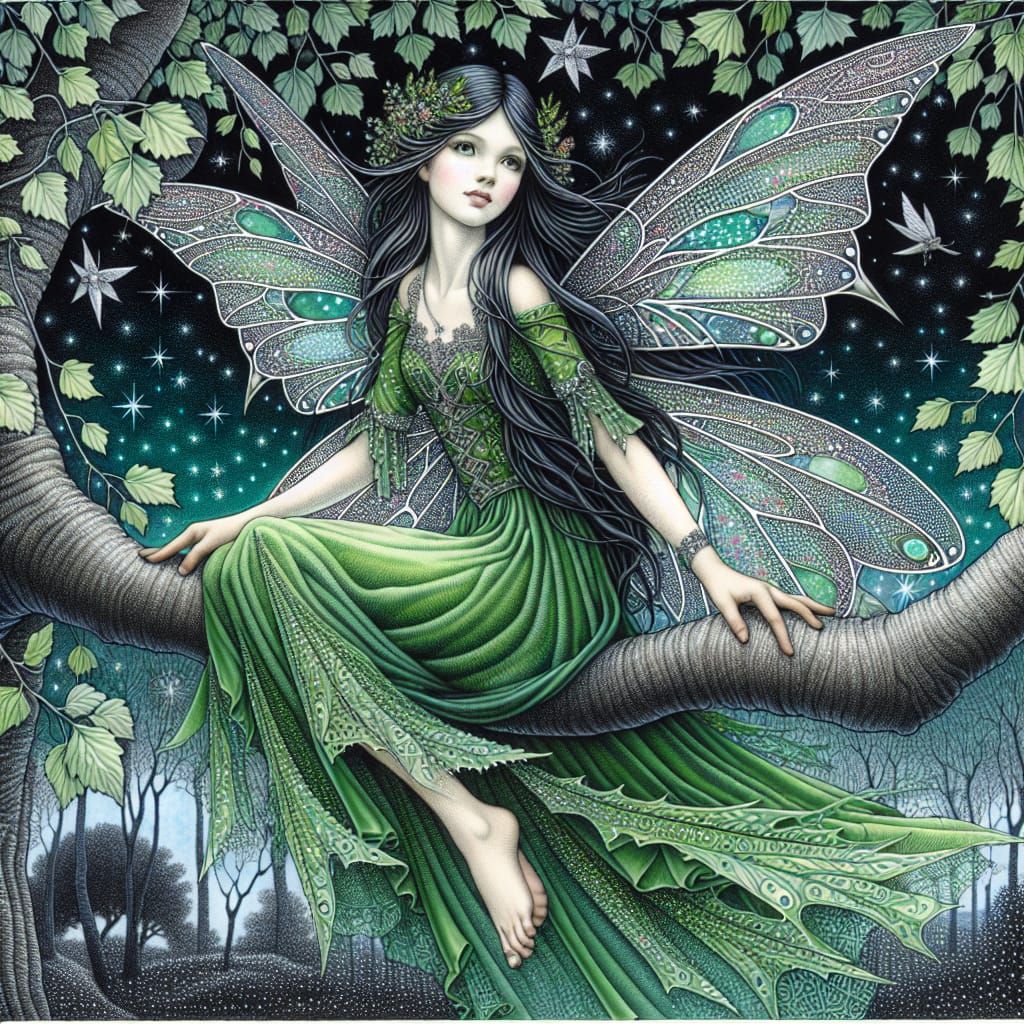 Fairy with Green Wings Under Starry Night