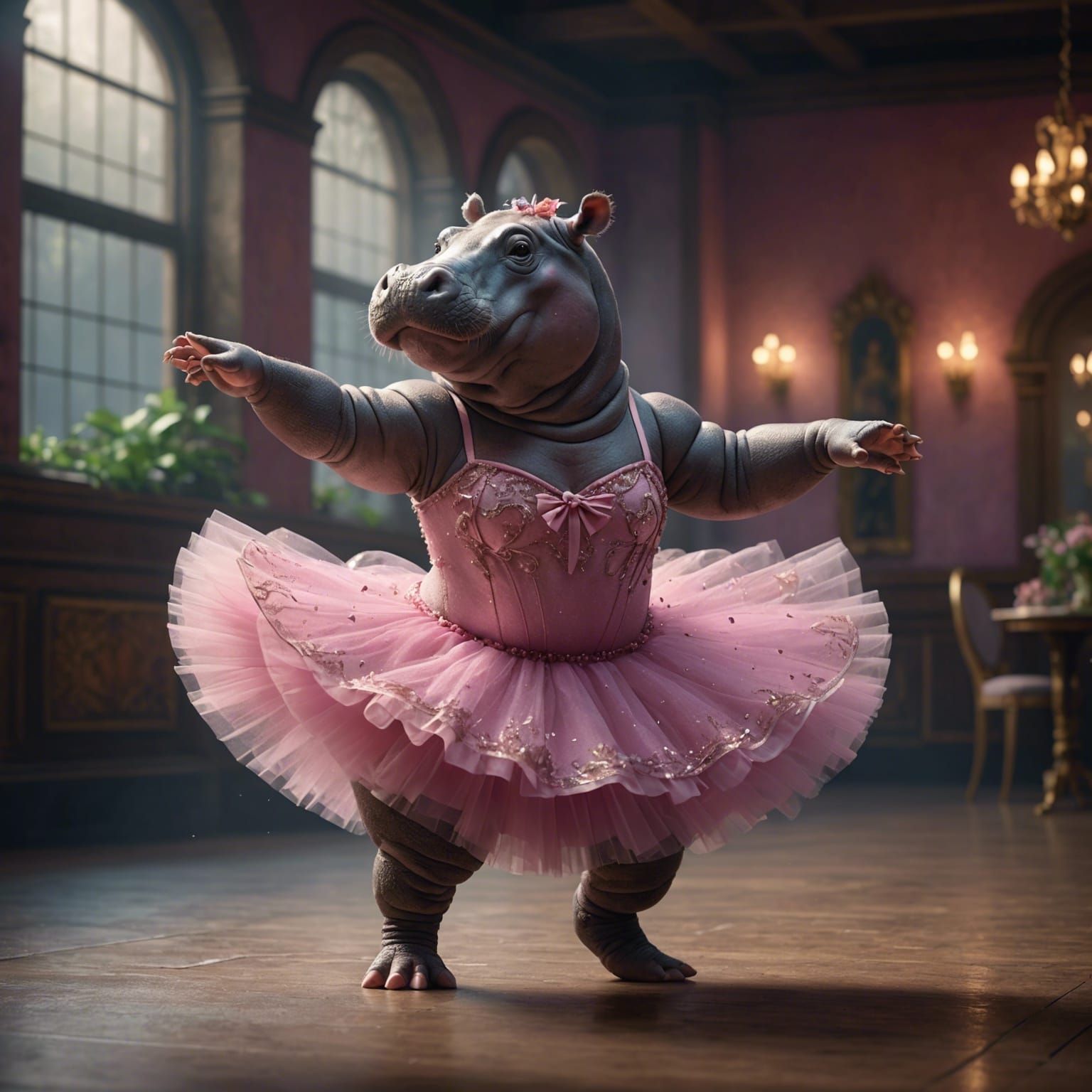 Hippo Ballerina in Pink Tutu: Fantasy Art