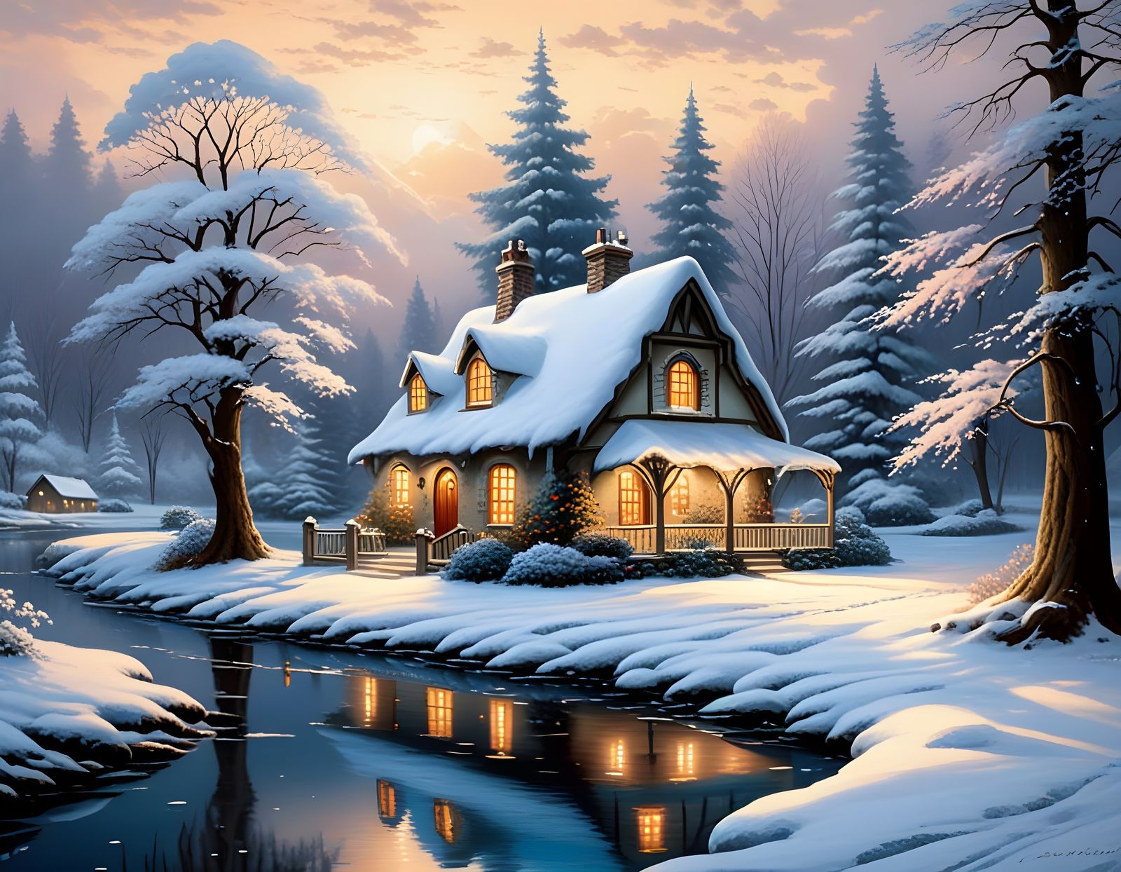 Fantasy Cottage in Winter Forest as Oil Painting