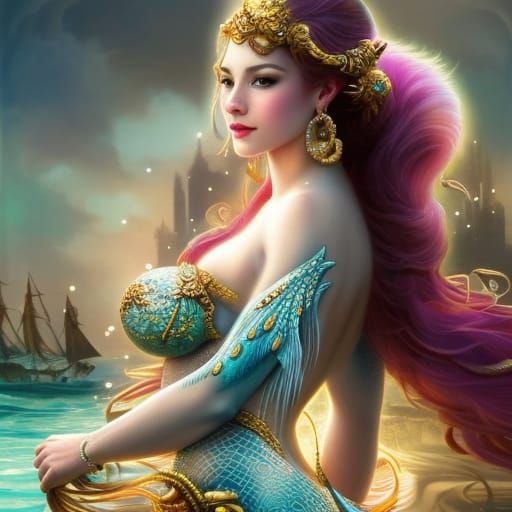 Mermaid and Baby Overlooking Atlantis, Fantasycore Art