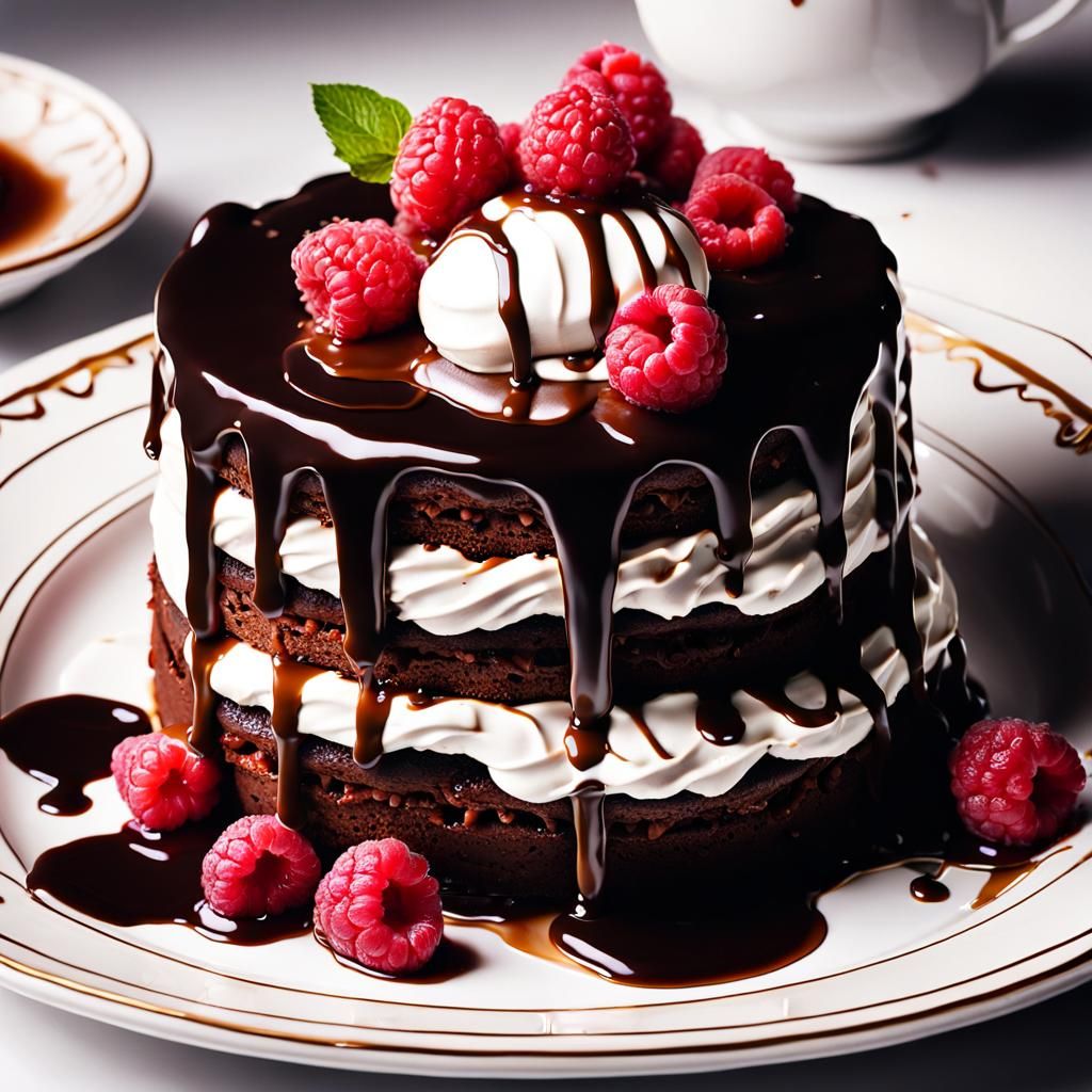 Hyperrealistic Chocolate Cake with Raspberries Still Life