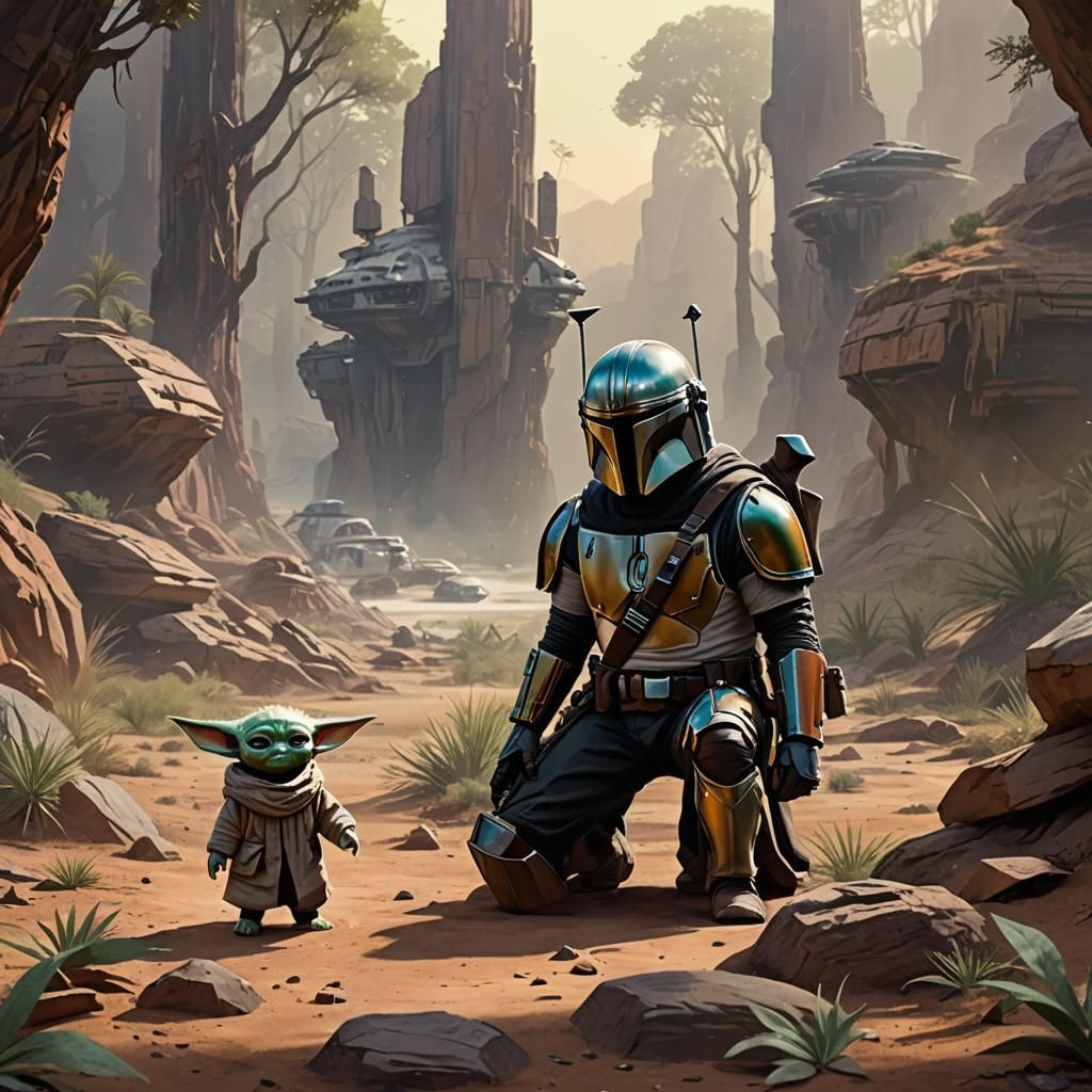 Mandalorian and Grogu in Star Wars Ambiance