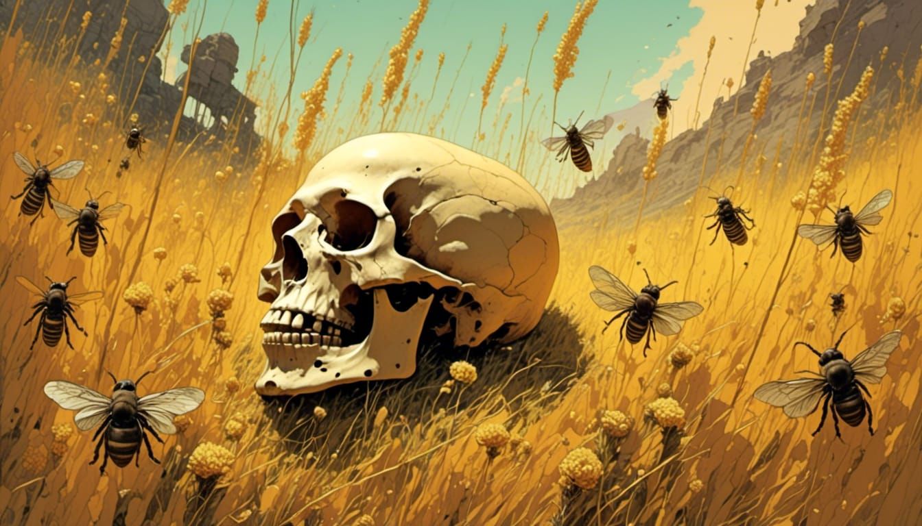 Surreal Skull in Meadow with Bees and Honey