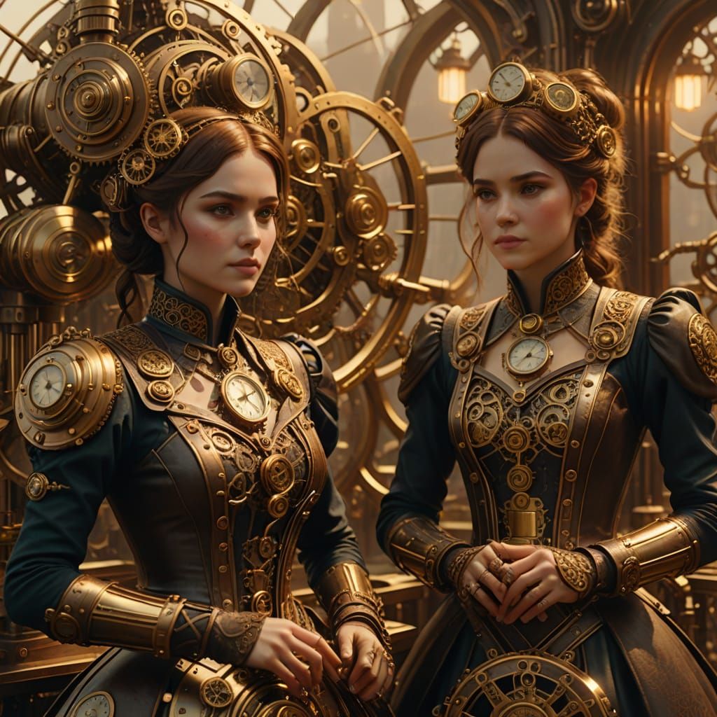 Steampunk Sisters Winding Clockwork Machines in Golden Light