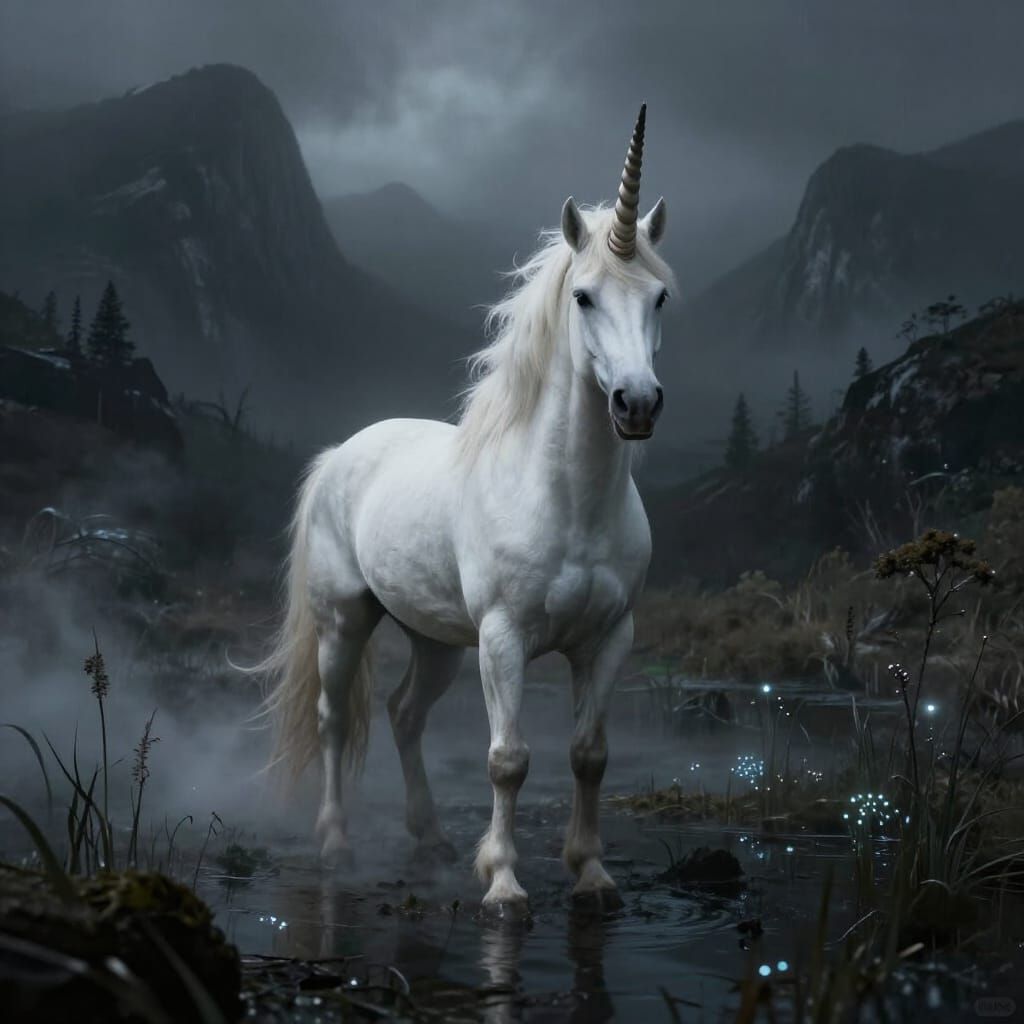 White Unicorn in Dark Fantasy Swamp Landscape