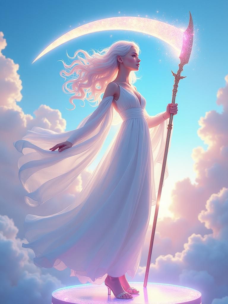 Goddess with Scythe in Ethereal Pastel Landscape