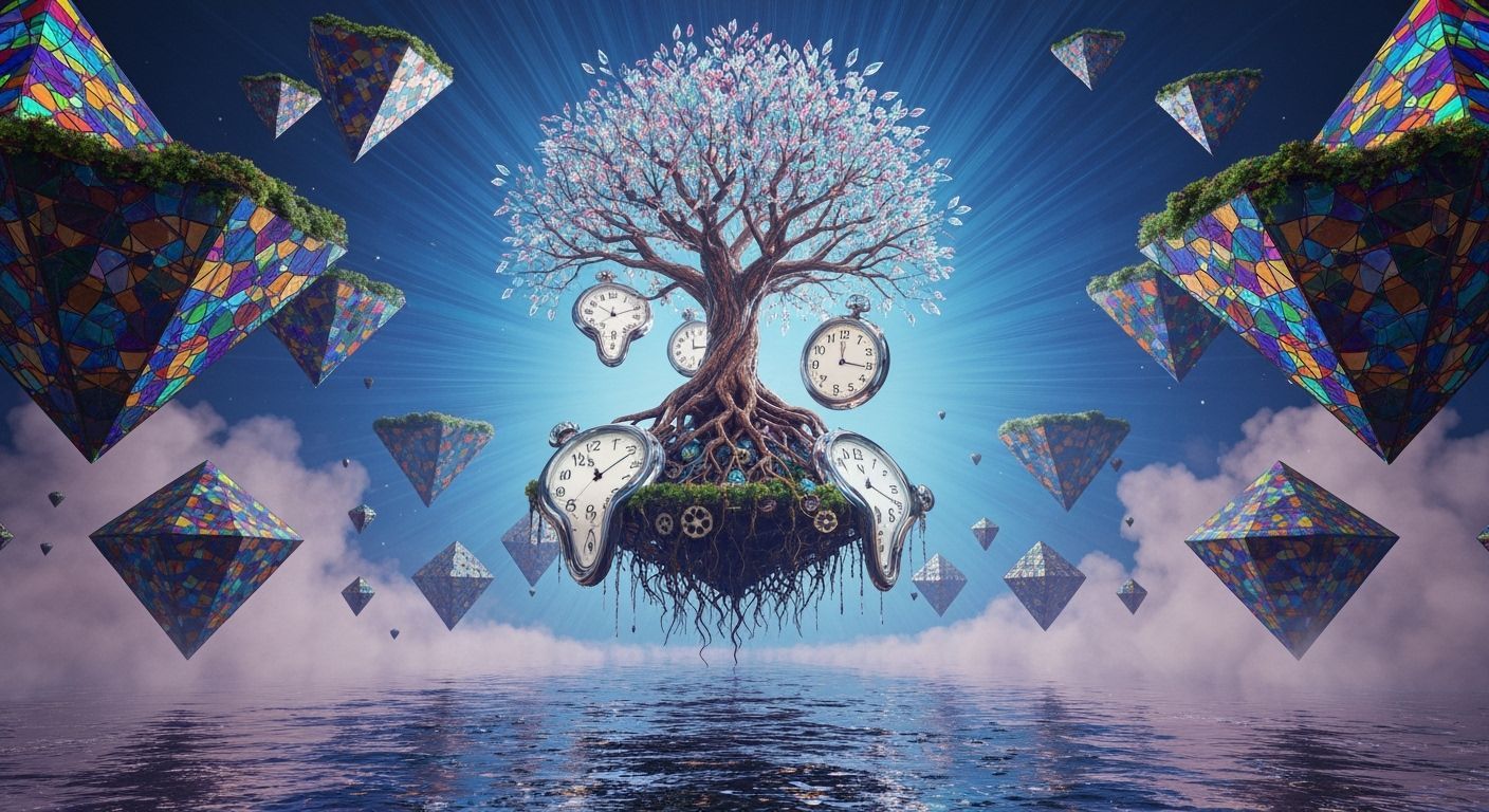 Clockwork Tree in a Surreal Kaleidoscope Dreamscape