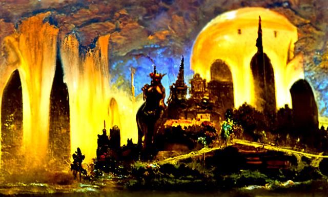 Golden City at Dawn: Fantasy Oil Painting