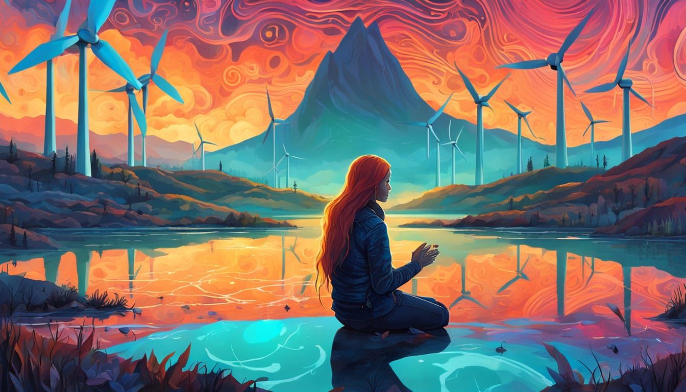 Serene Sunset Goddess Empowered by Wind Turbine Harmony