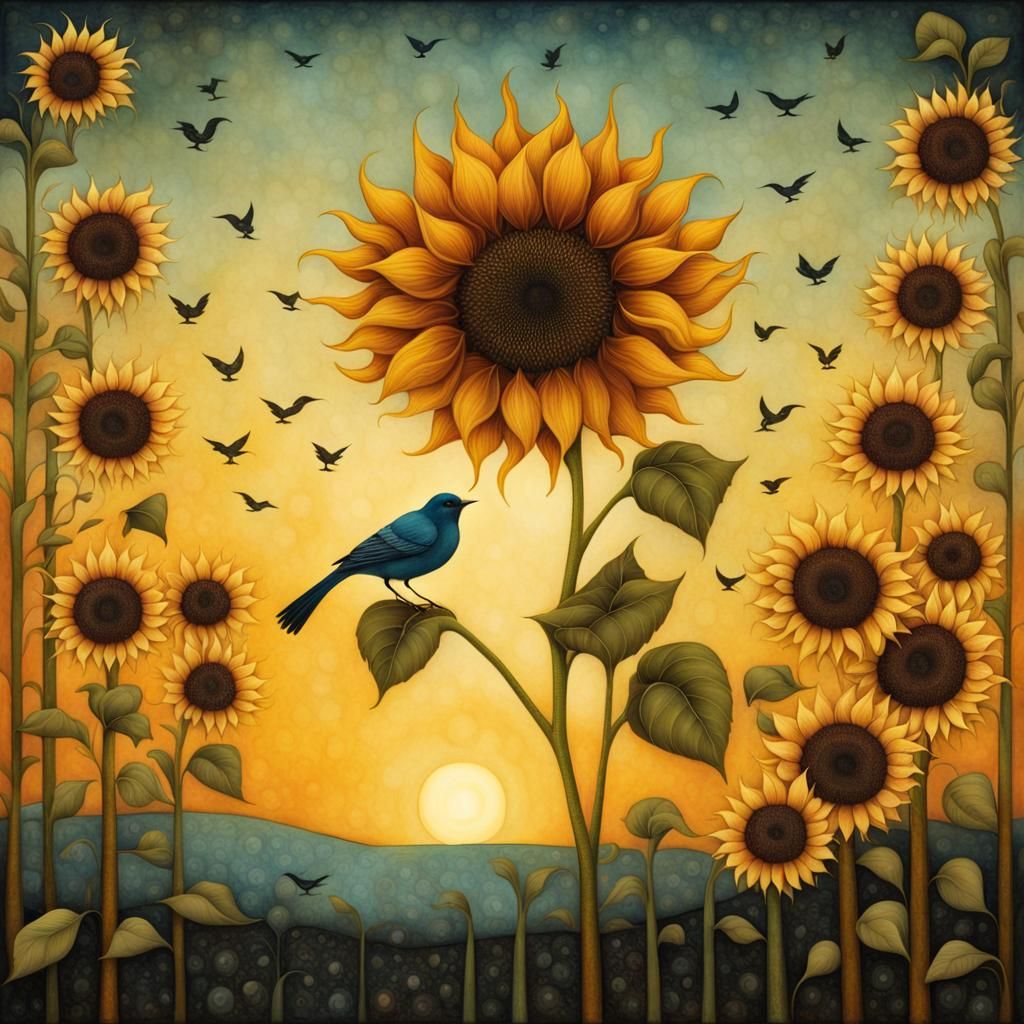 Sunflower and Bird at Sunset: Surreal Folk Art