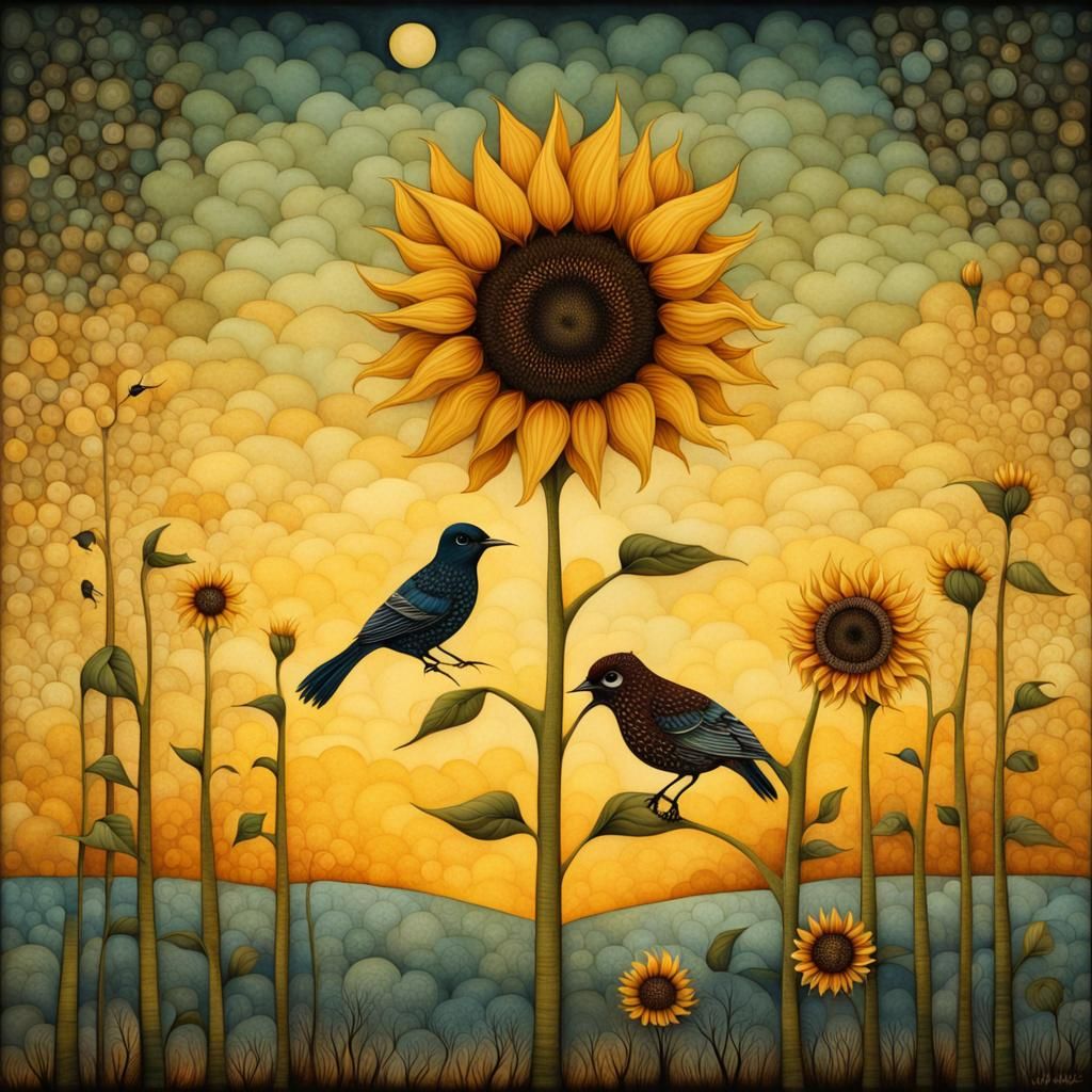 Sunflower and Bird at Sunset: Surrealist Painting