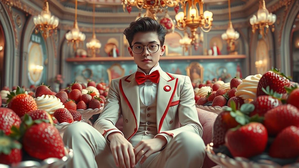 Surreal Dessert Scene in Whimsical Cyberpunk Style