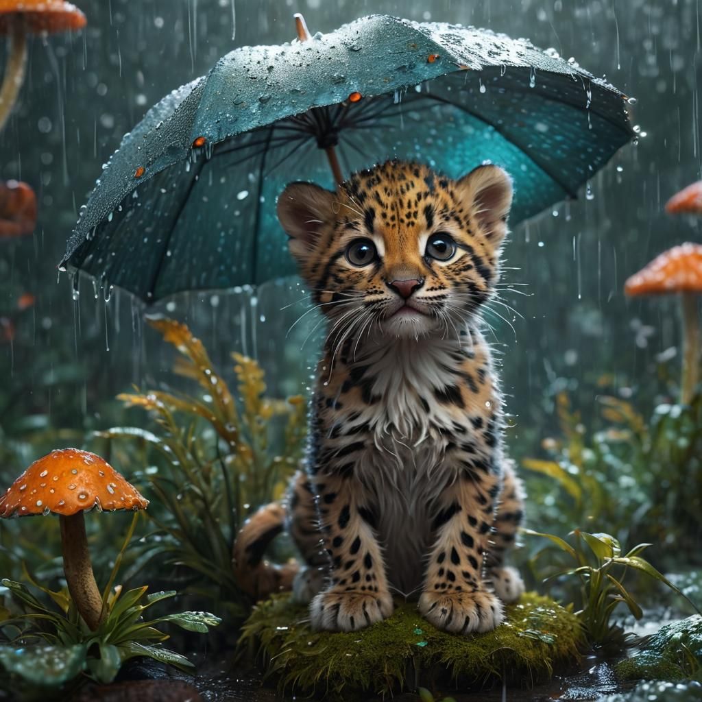 Whimsical Baby Leopard Kitten Under a Glowing Mushroom Umbre...