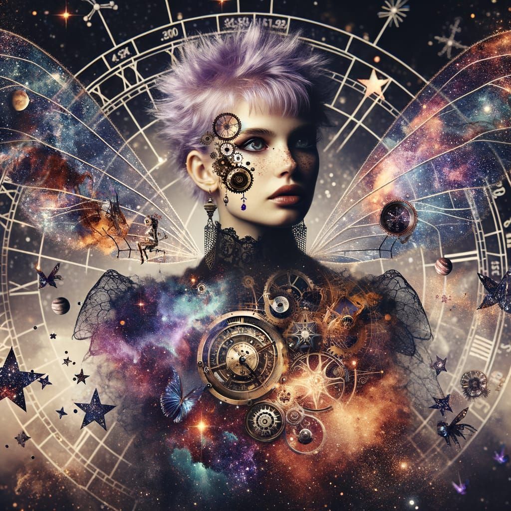 Gothic Fairy Double Exposure with Celestial Map and Clockwor...