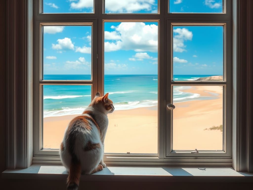 Realistic Beachside Cat Window Gaze