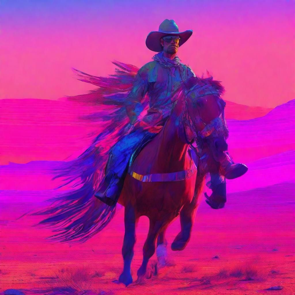 Cowboy Rides Horse in Glitchcore Desert Art
