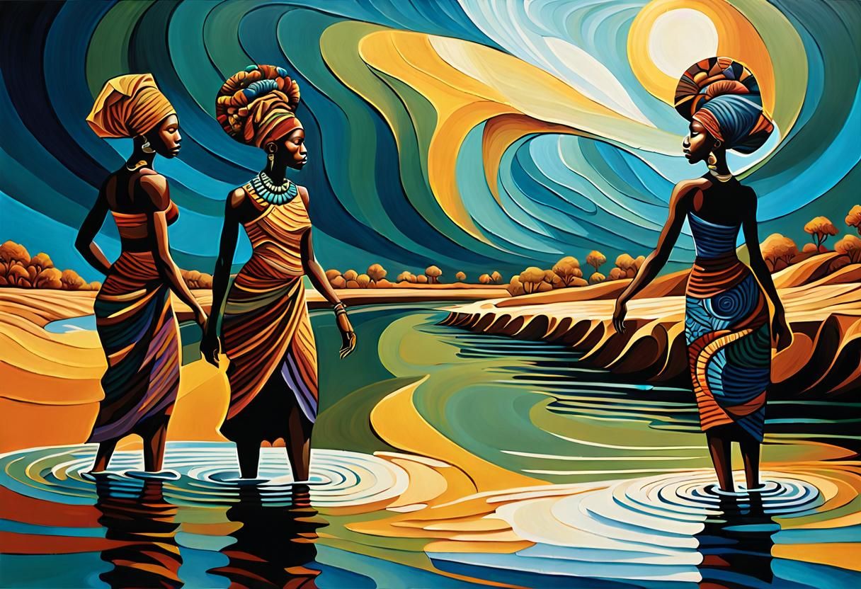 Celestial African Women: Post-Impressionist River Scene