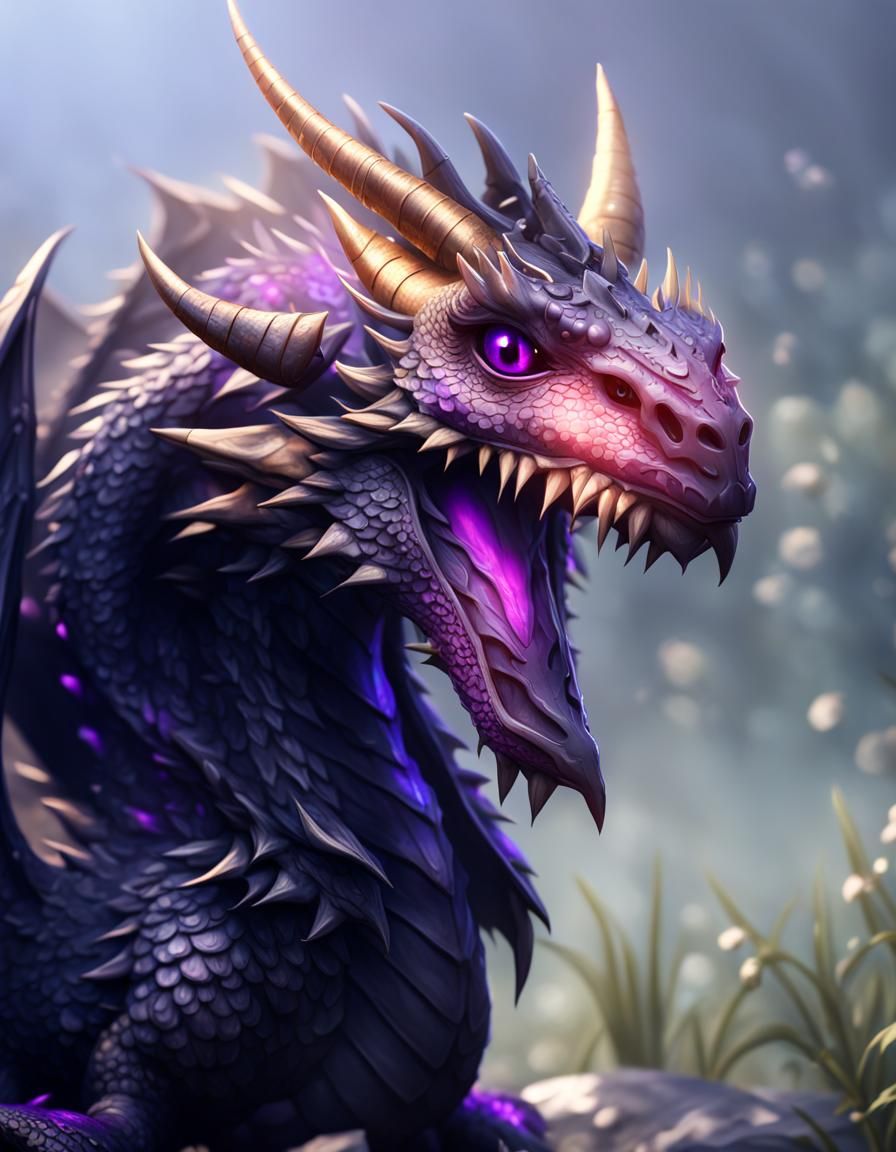 Cute Black Dragon with Purple Eyes, Detailed Fantasy Art