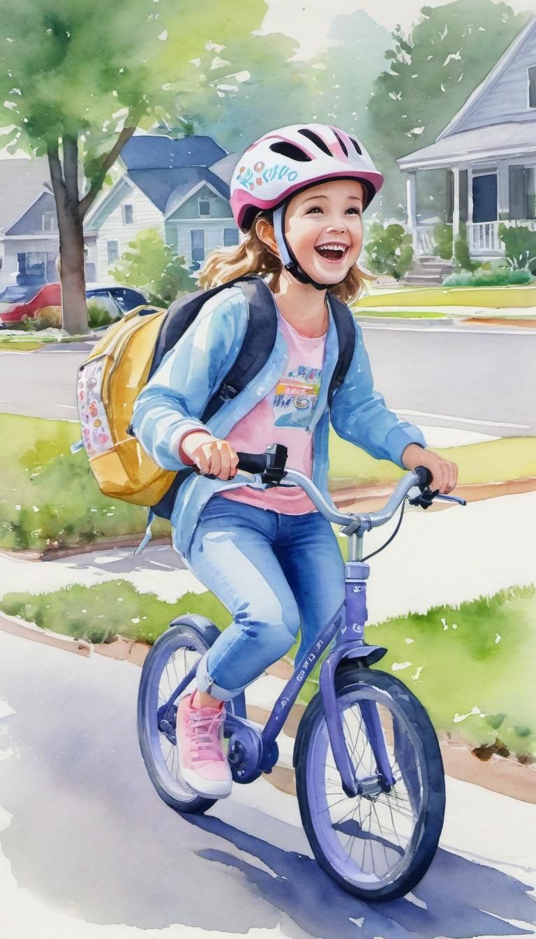 Girl Rides Bicycle with Training Wheels in Watercolor
