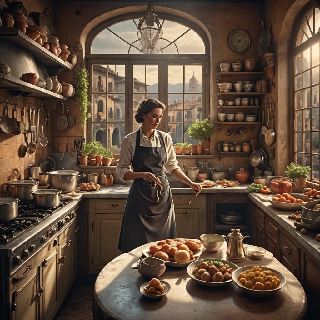 Vintage Italian Kitchen Scene: Digital Matte Painting
