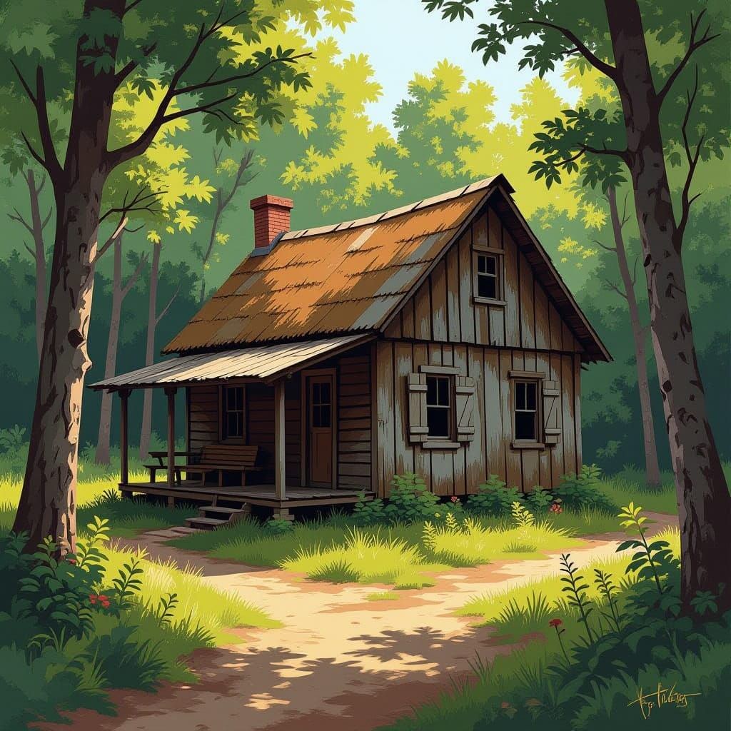 Impressionistic Stoner Shack Surrounded by Lush Foliage