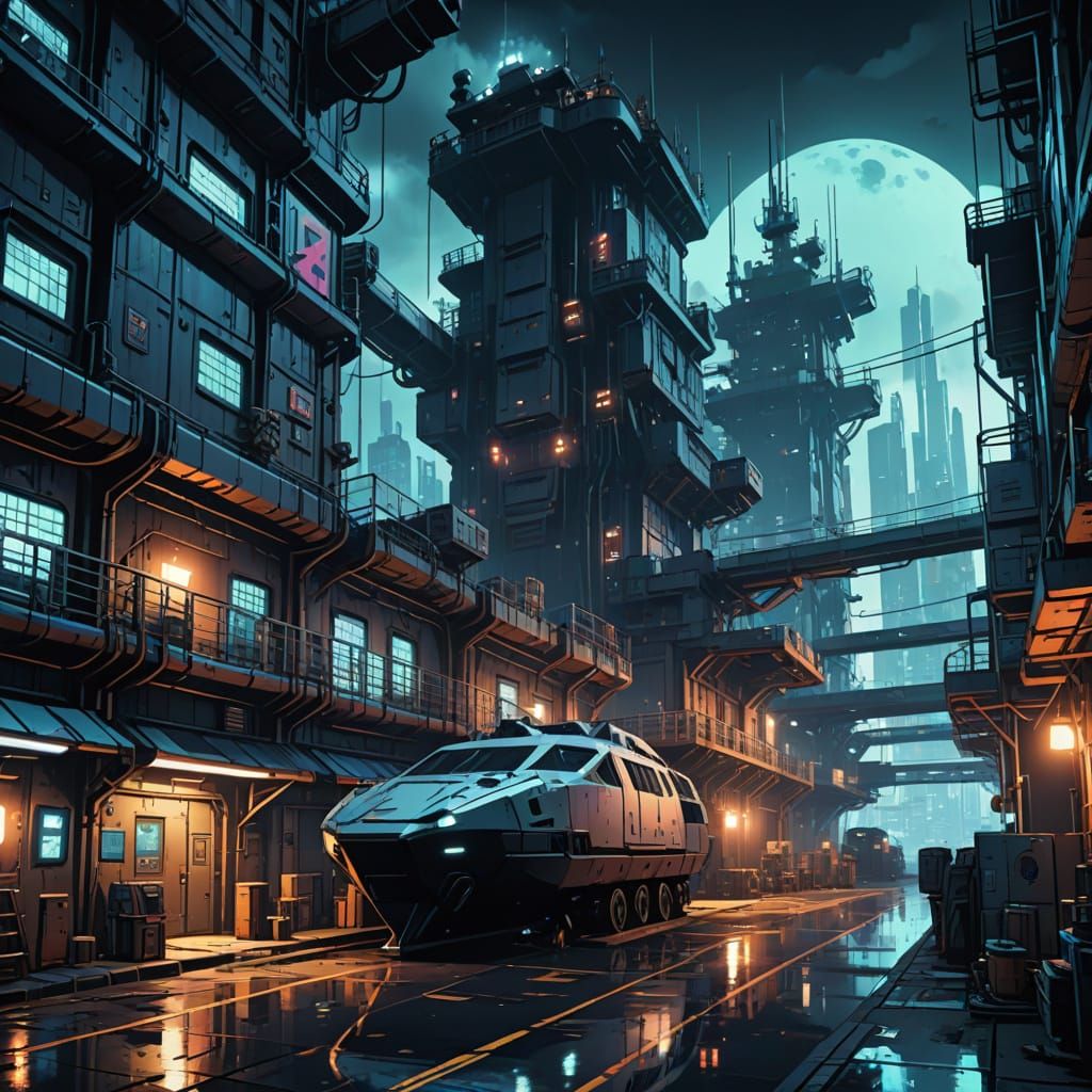 Cyberpunk Dockyard Masterpiece in Vibrant Cel-Shaded Style