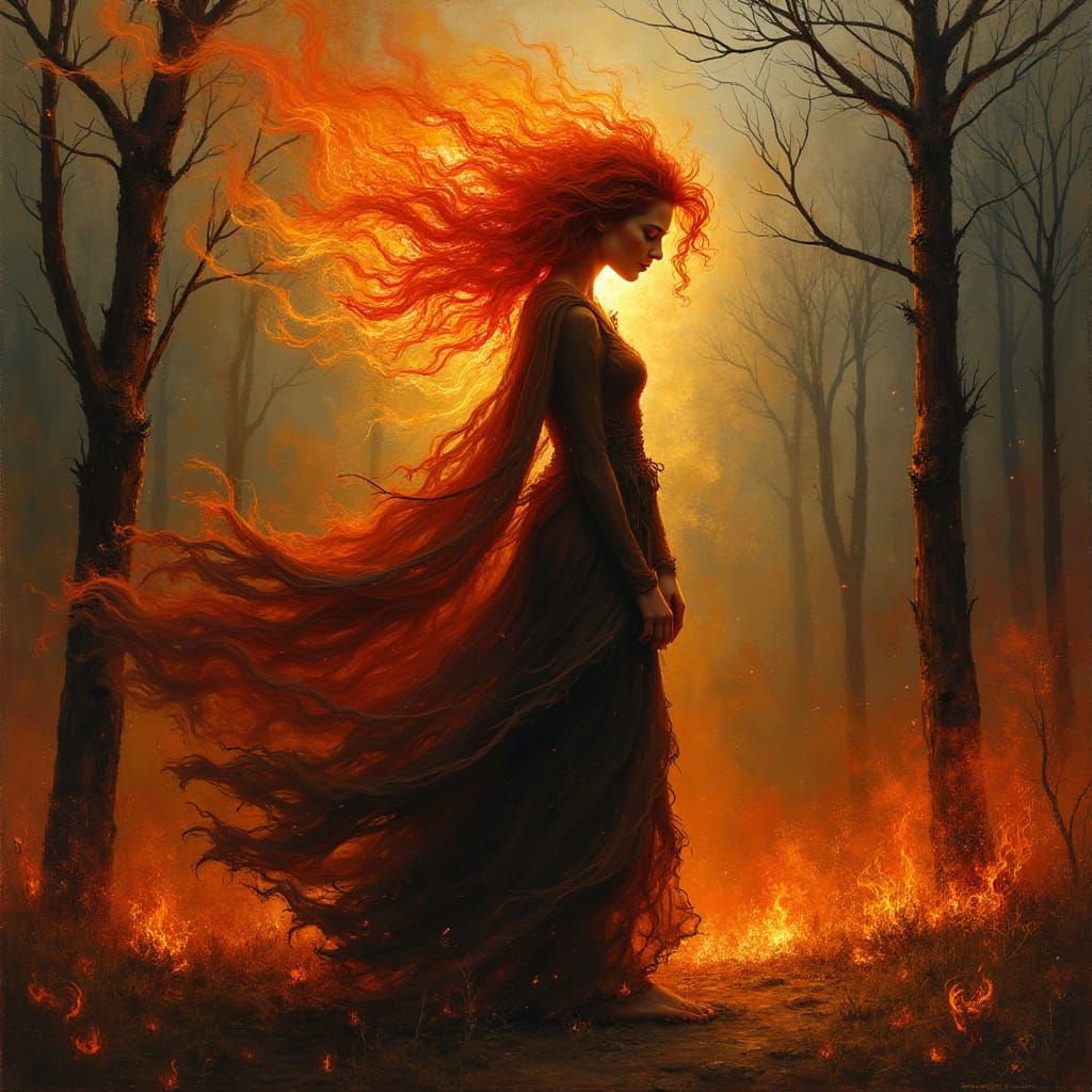 Flaming Woman in a Charred Landscape