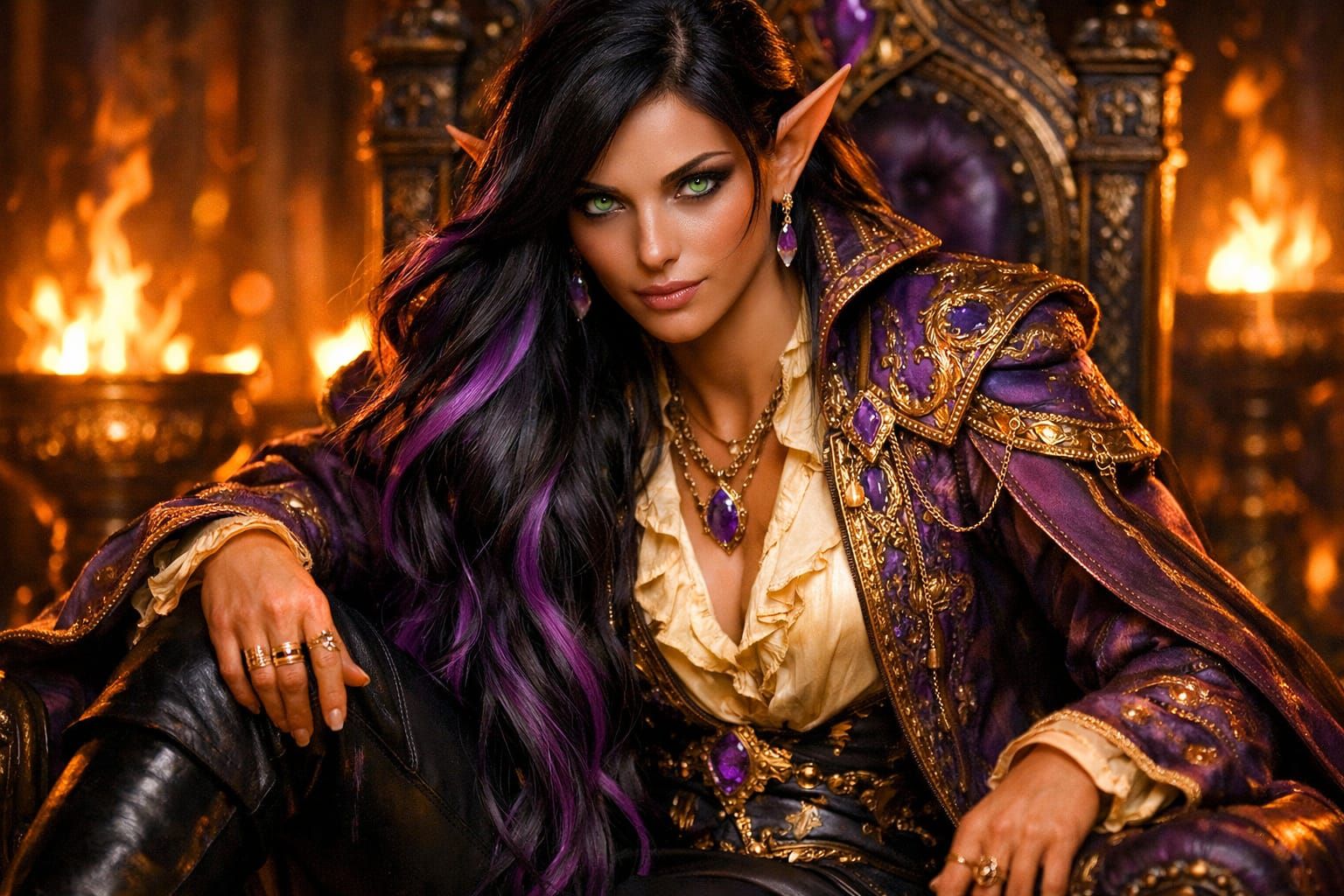 Elegant Elf Queen in Amethyst and Gold Regal Coat
