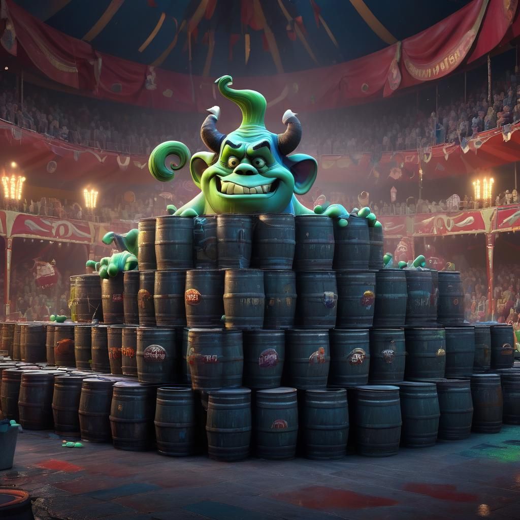 Horned Figure Pukes Barrels in Circus: 3D Digital Art