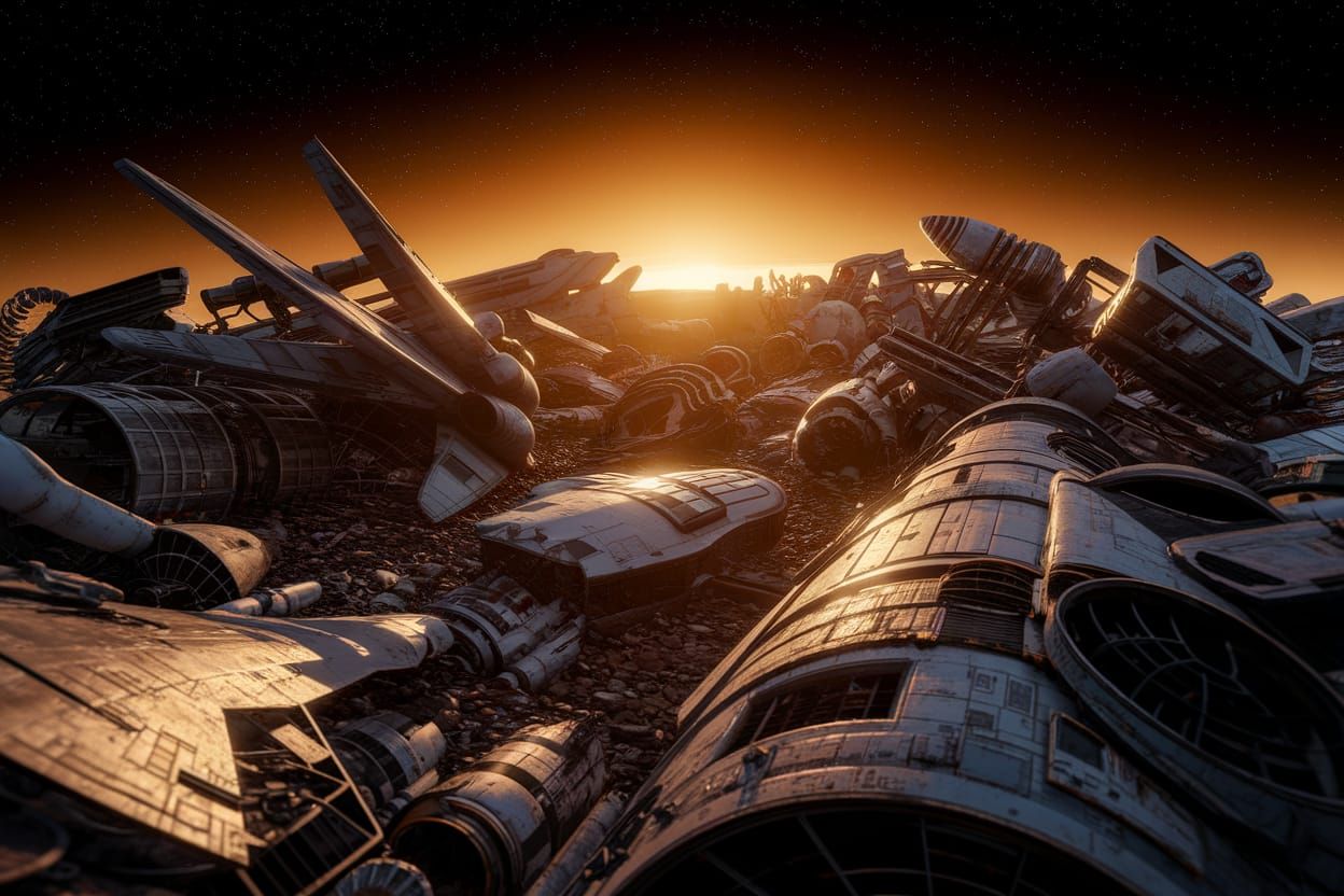 Distant Planet Junkyard Scene in 3D Render