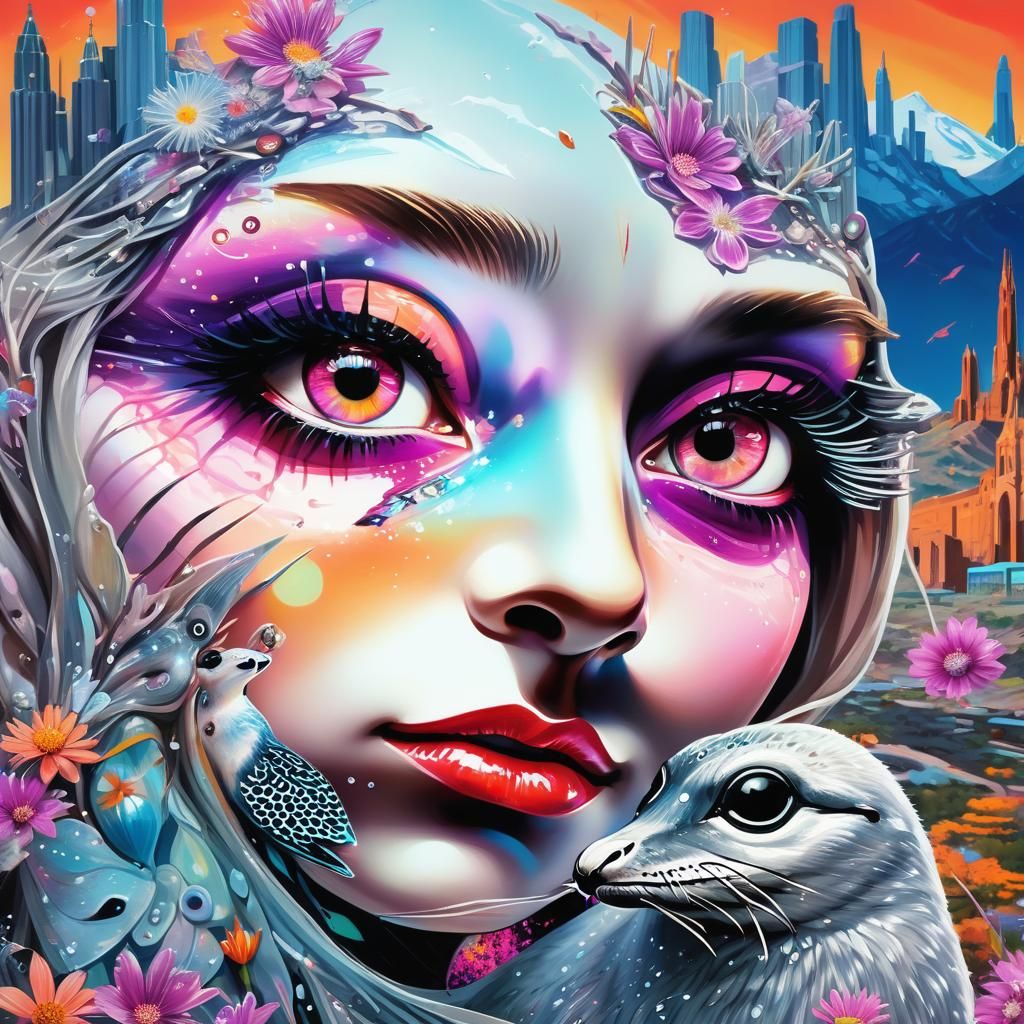 Magenta Eyes Reflecting Surreal Cathedral Skyline