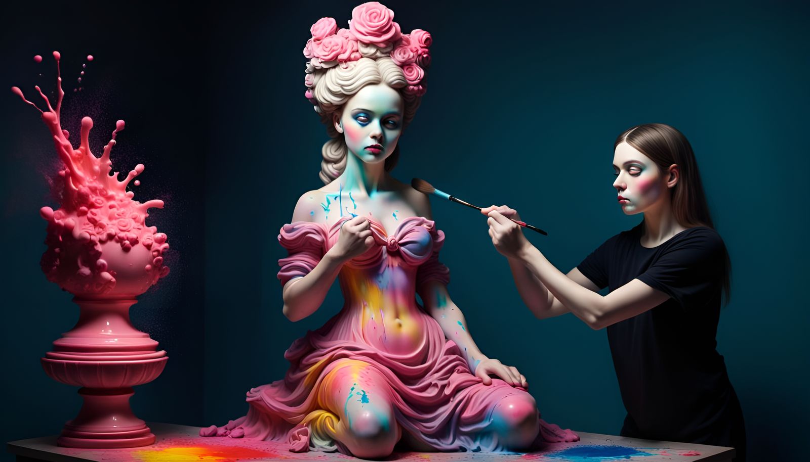 Woman Made of Paint Creates Statue, Surreal Art