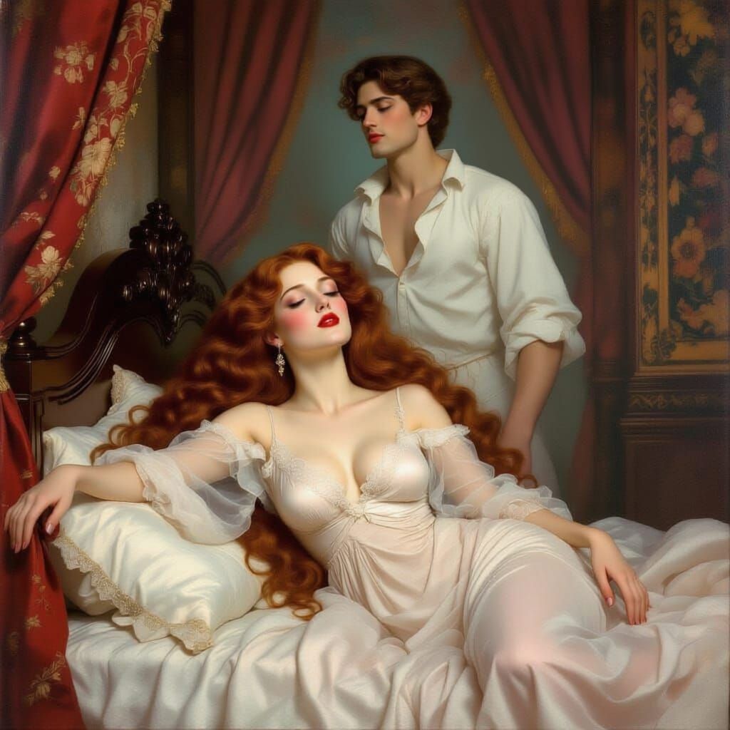 Woman in Negligee on Tudor Bed with Spectral Lover