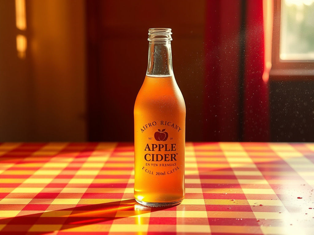Apple Cider Bottle on Checkered Cloth, Product Photography
