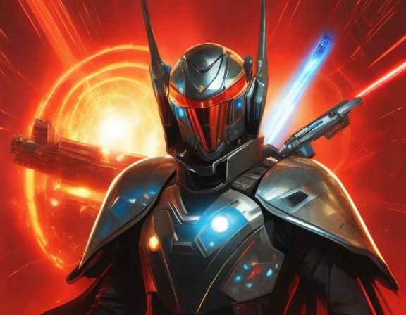 Sci-Fi Warrior Points Laser Gun in Asteroid Field