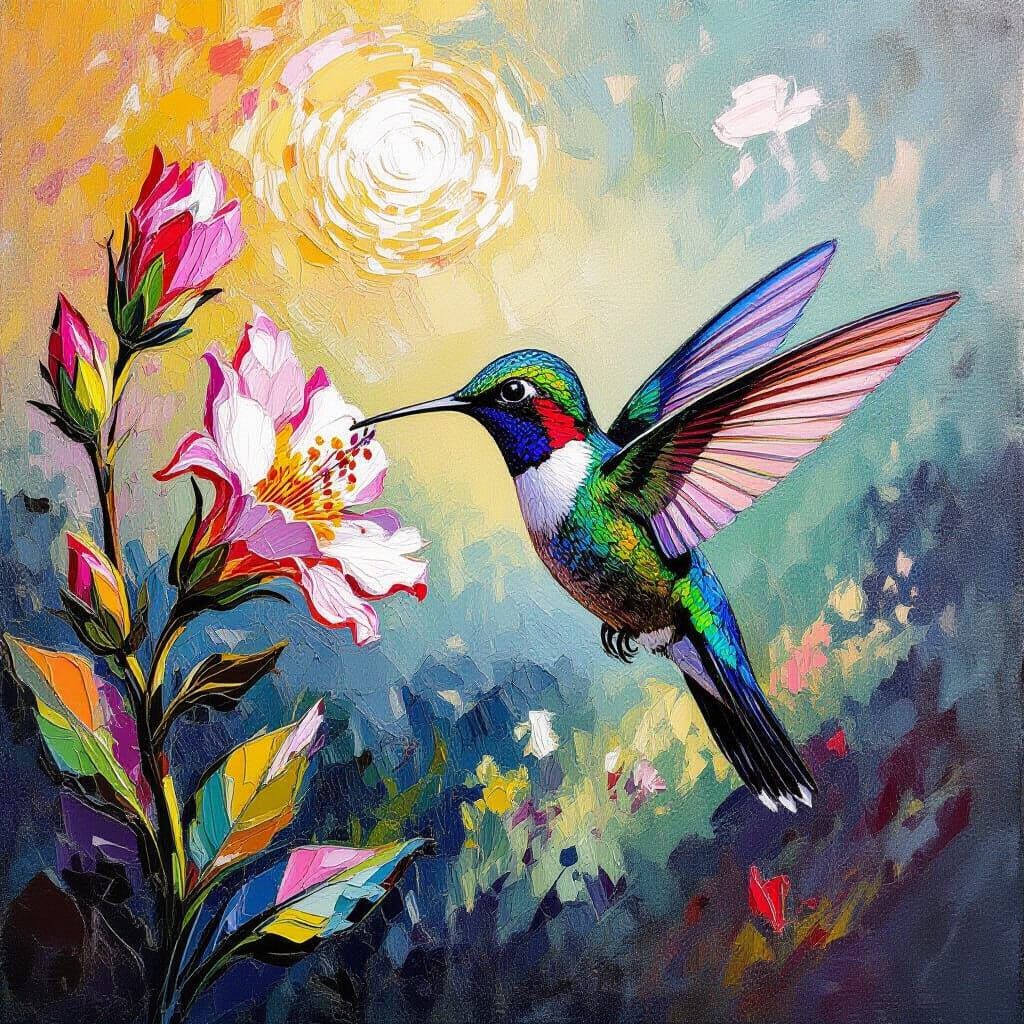 Hummingbird Sipping Nectar: A Gouache Impasto Painting