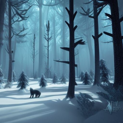 Winter Forest with Shadow Wolves: Detailed Matte Painting