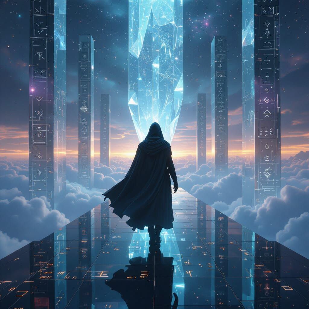 Mystical Figure Navigates Cosmic Crystal Maze