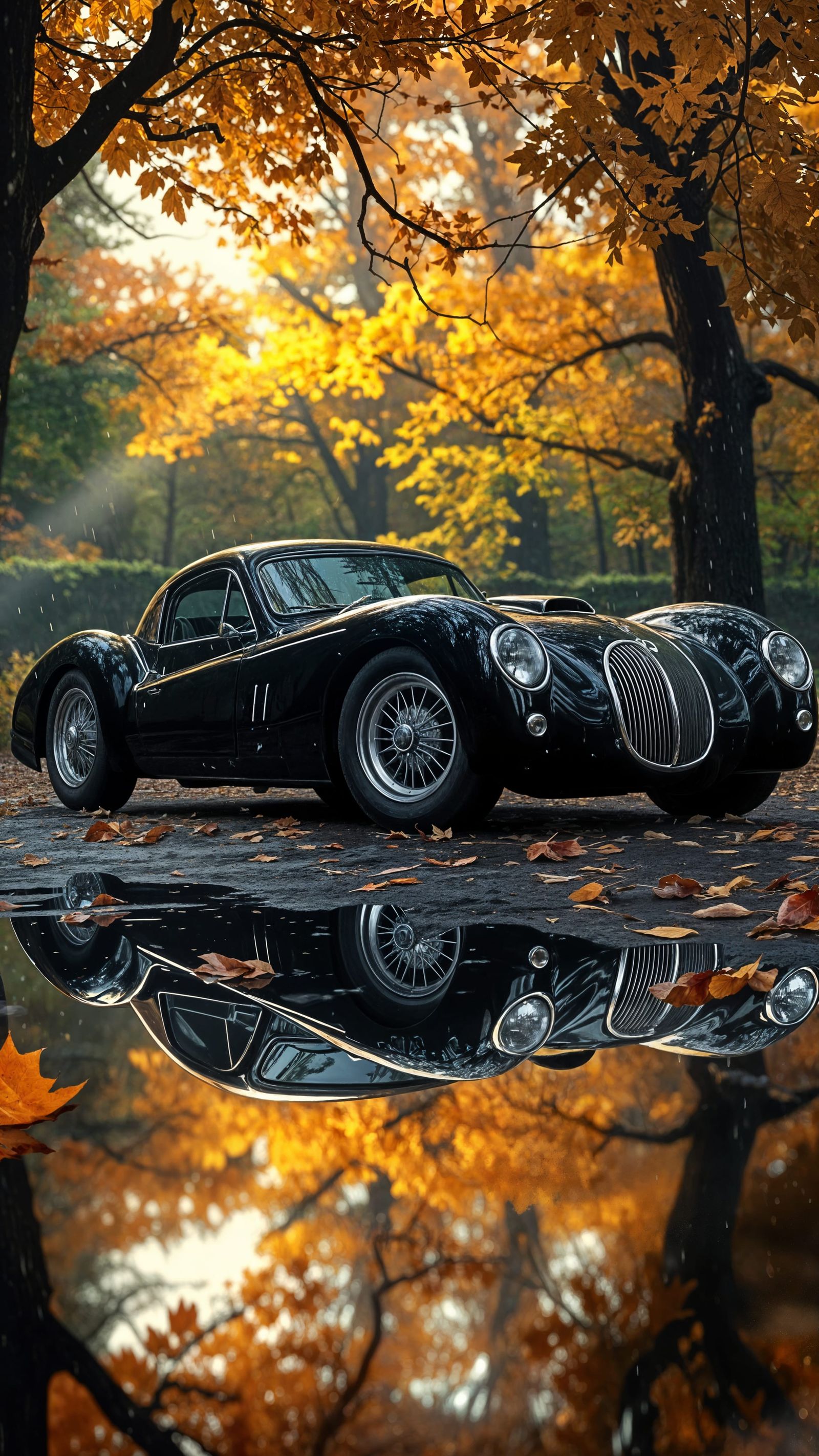 Sleek Black Vintage Car in Autumn Forest