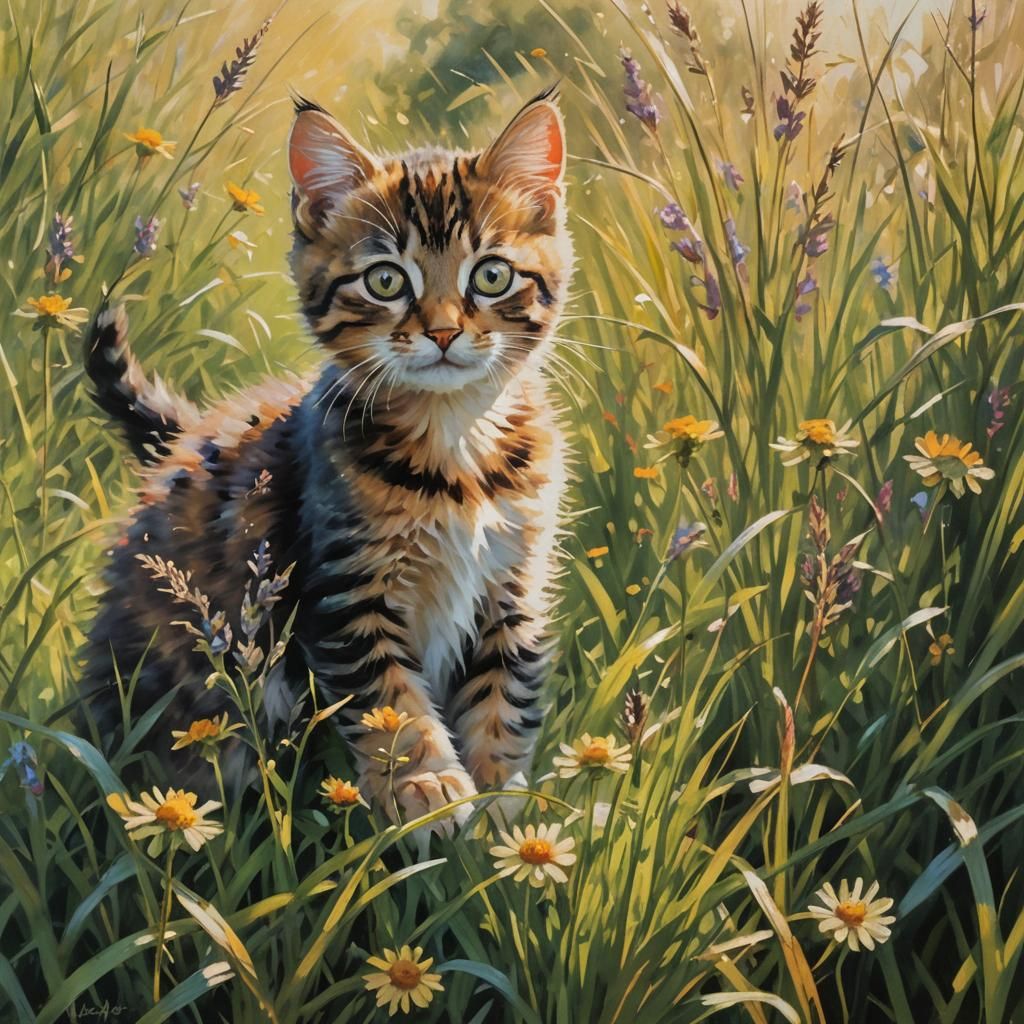 Kitten Stalking Bugs as Impressionist Painting