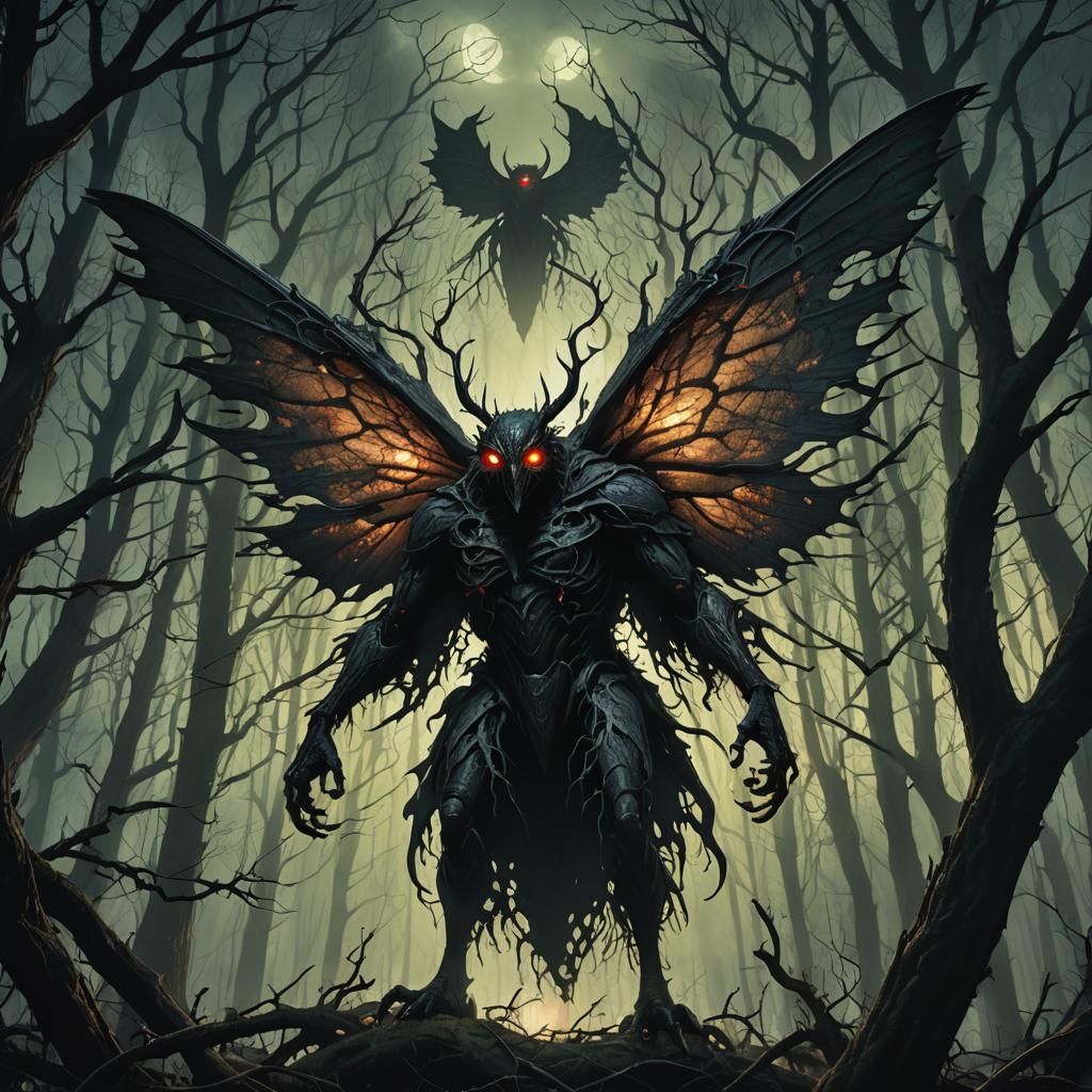 Mothman in Twisted Forest: Dark Surrealism