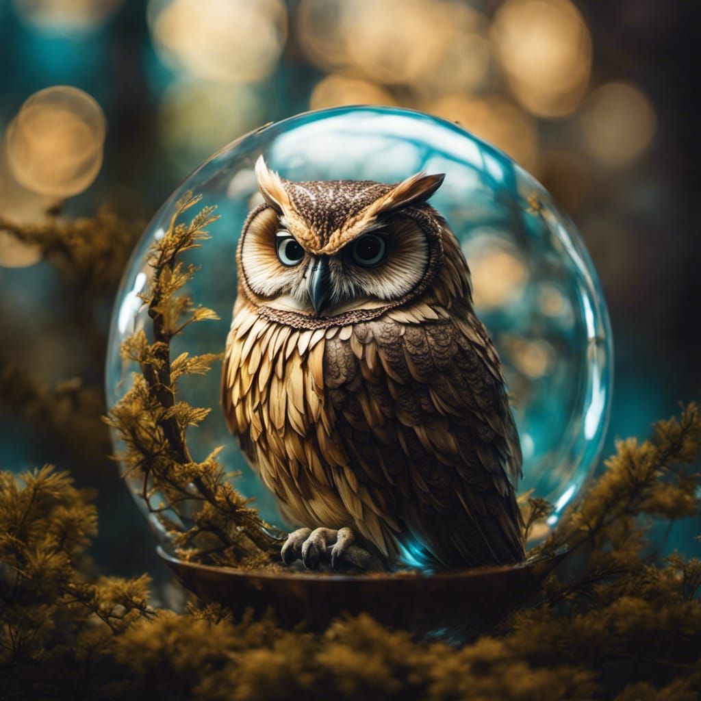 Owl Sleeping in Glass Sphere, Macro Photograph