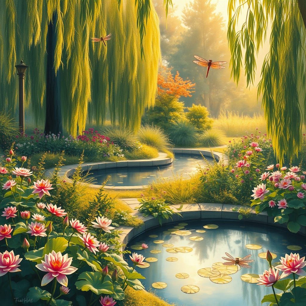 Impressionistic Garden with Water Lilies and Dragonflies