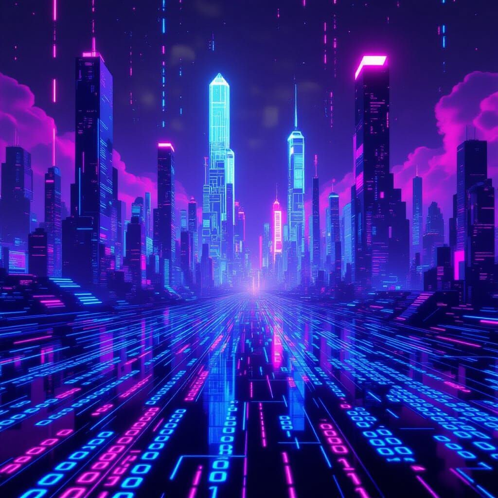 Futuristic Vaporwave Cityscape of Binary Code