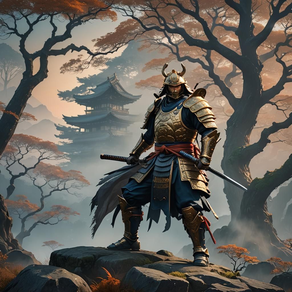 Mighty Samurai in Misty Japanese Landscape