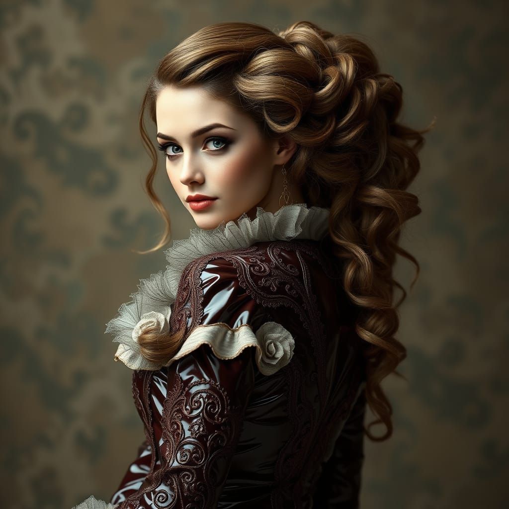 Elegant Victorian Beauty in Shimmering Latex and Lace