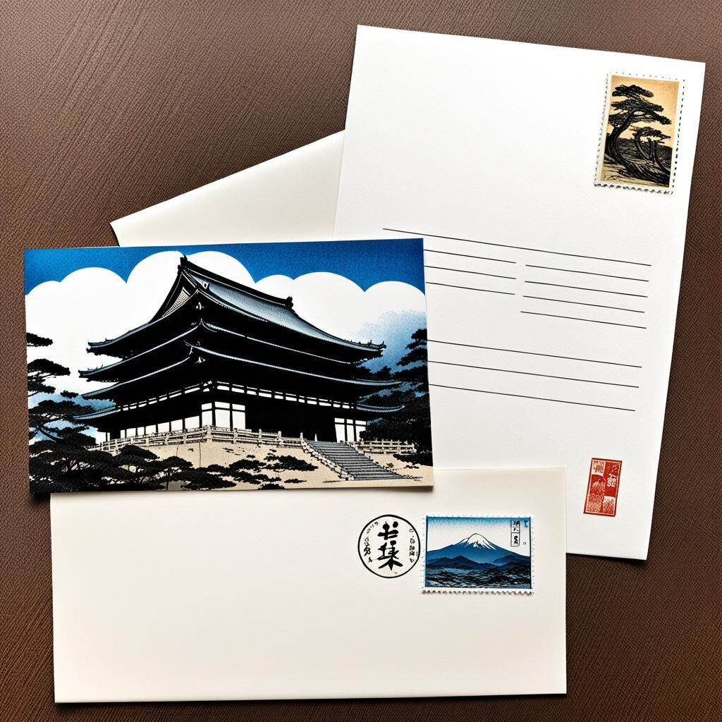 Feudal Japan Scene on Envelope and Postcard
