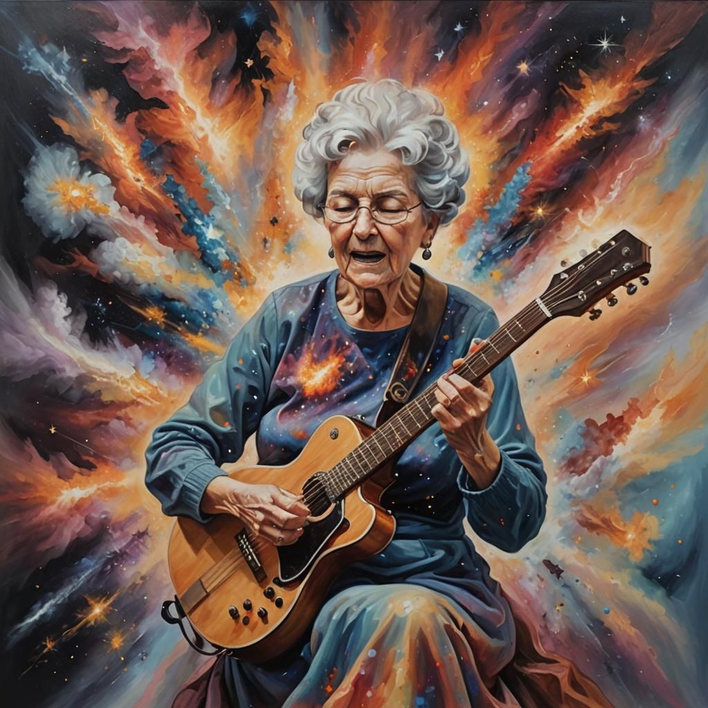 An expressive oil painting of a granny guitarist, depicted as an explosion of a nebula