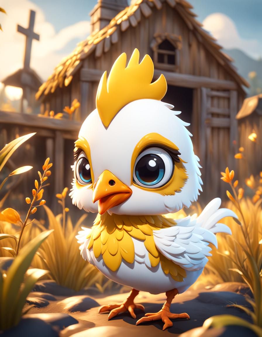Cute Chibi Chicken in Farm Scene: 8K Art