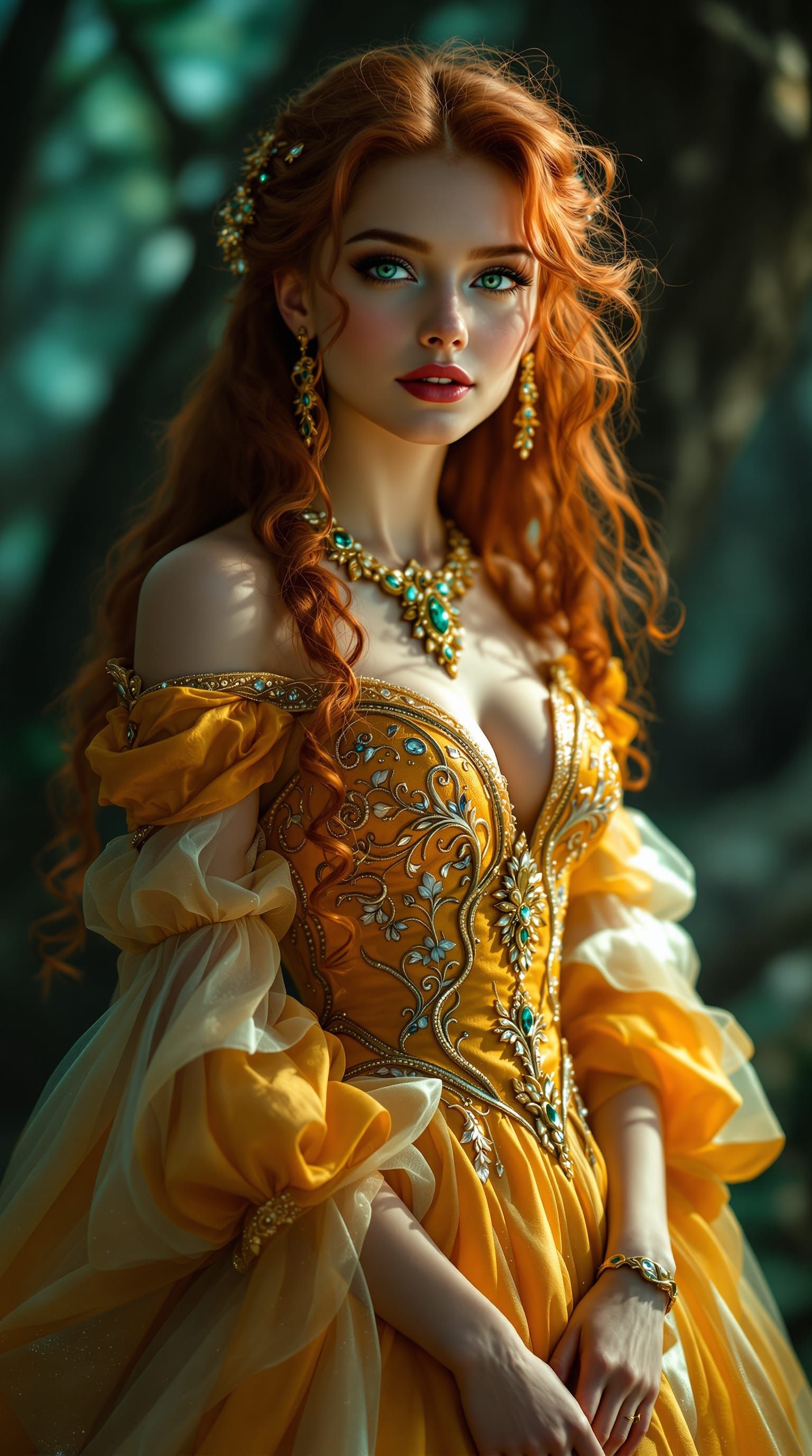 Irish Princess in Opulent Gown with Gemstone Necklace